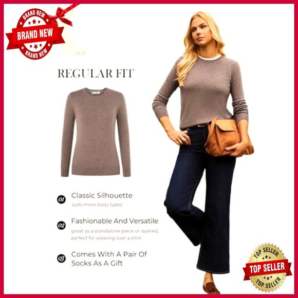 Cashmere Merino Wool Sweater Long Sleeve Crew Neck Fall Casual Chic - Picture 6 of 7